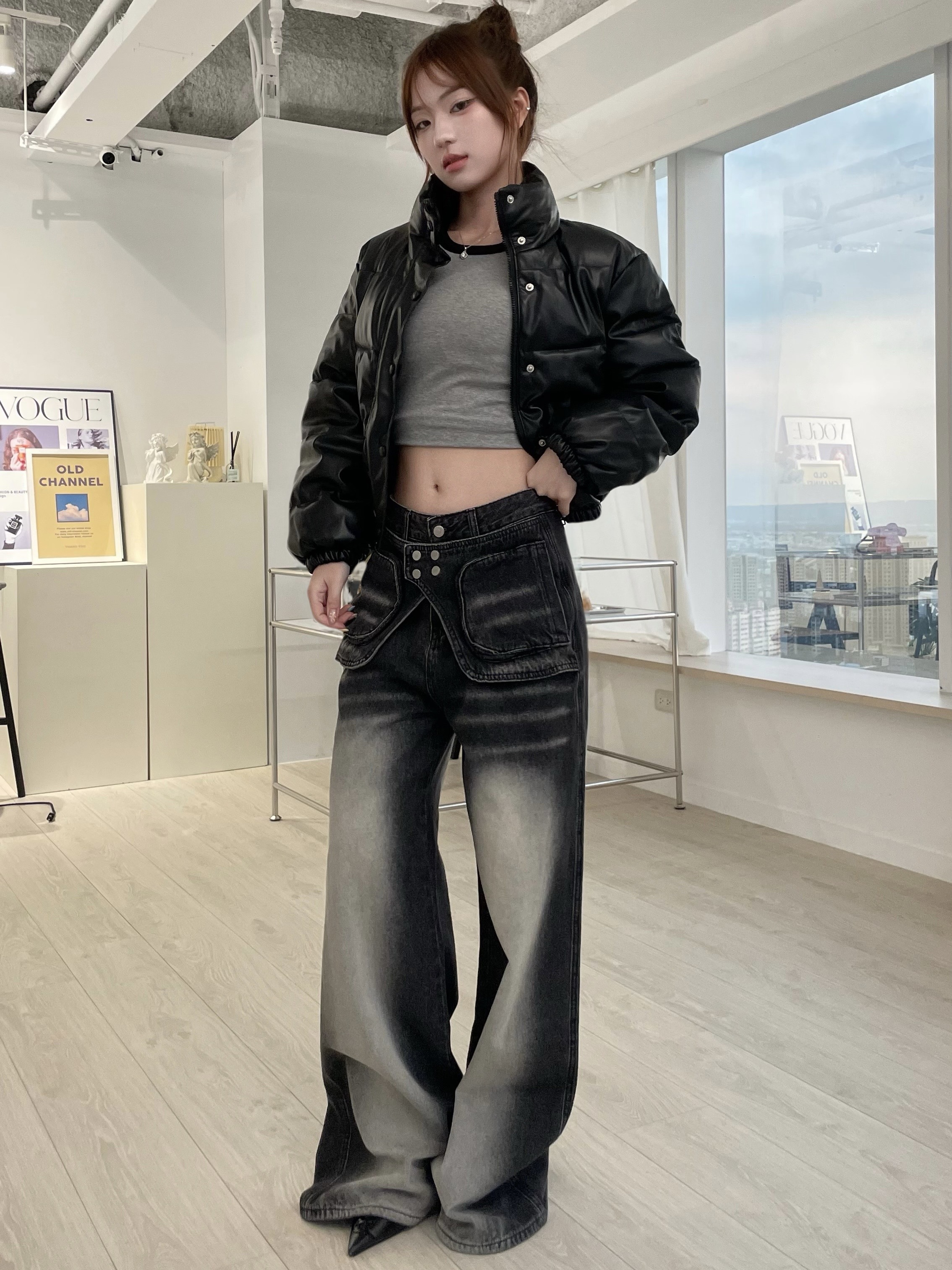 #B1006 牛仔設計感復古刷色褲