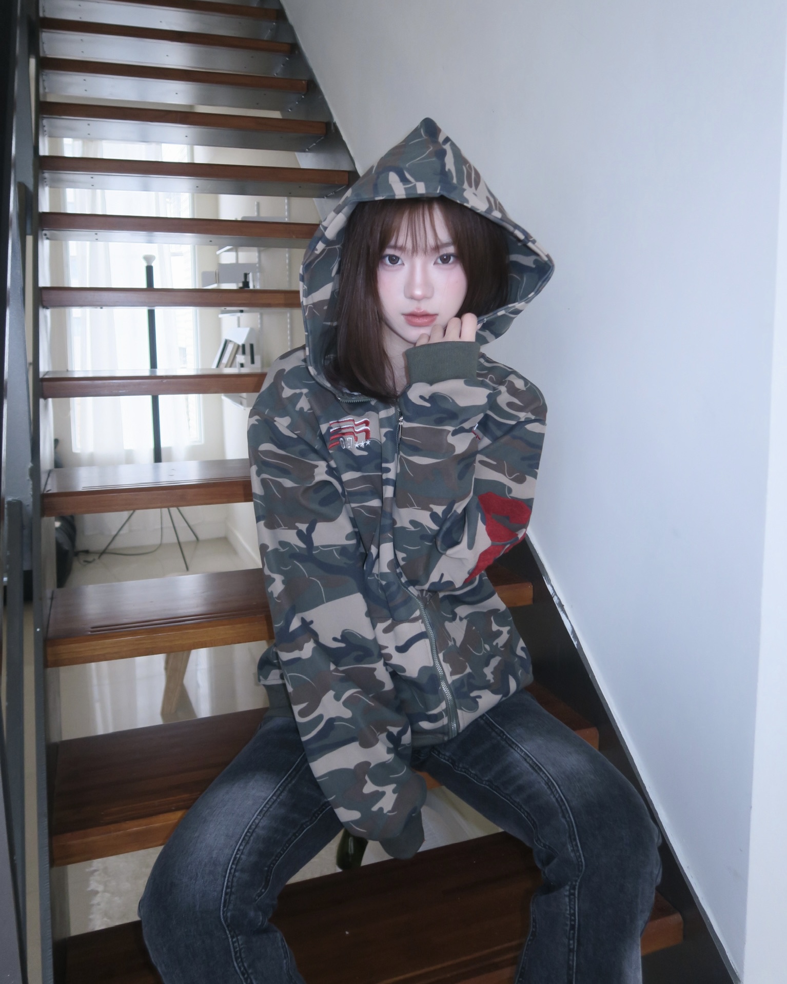 #J1008美式復古迷彩印花連帽外套