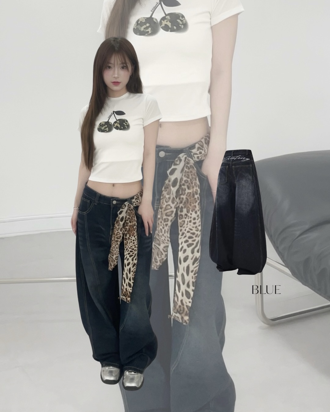 #B0903美式刺繡刷色彎刀褲