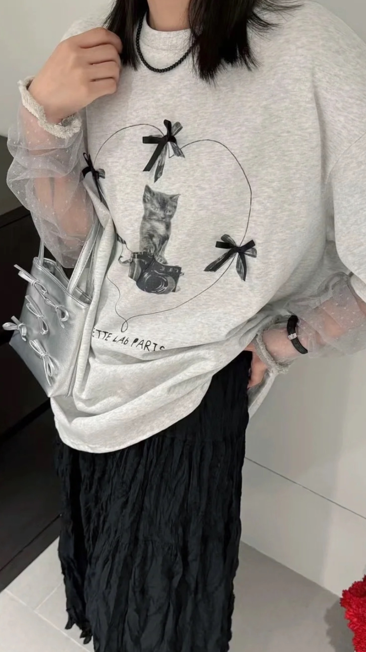 #T0416網紗貓咪印花蝴蝶結假兩件上衣