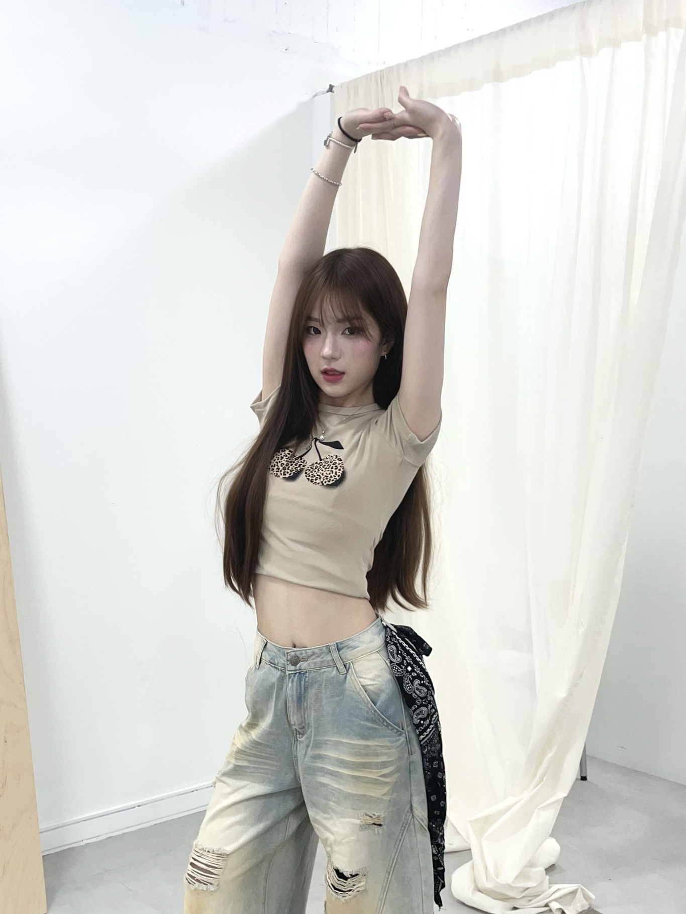 #T0910豹紋櫻桃正肩修身上衣