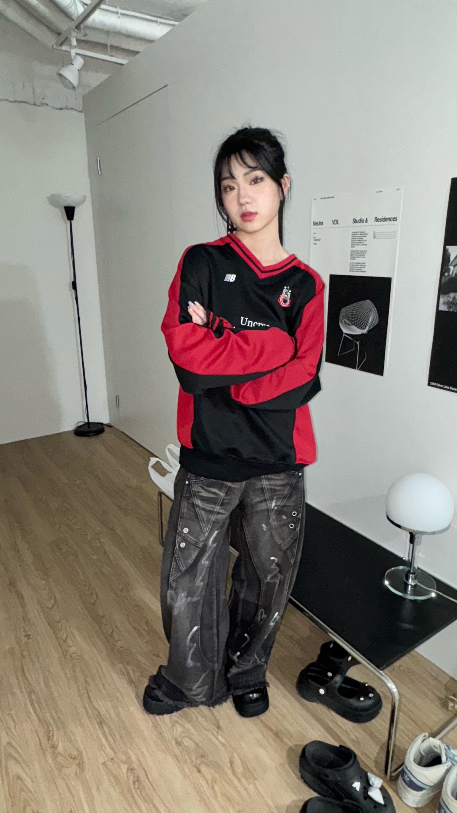 #T1108 紅黑拼接上衣
