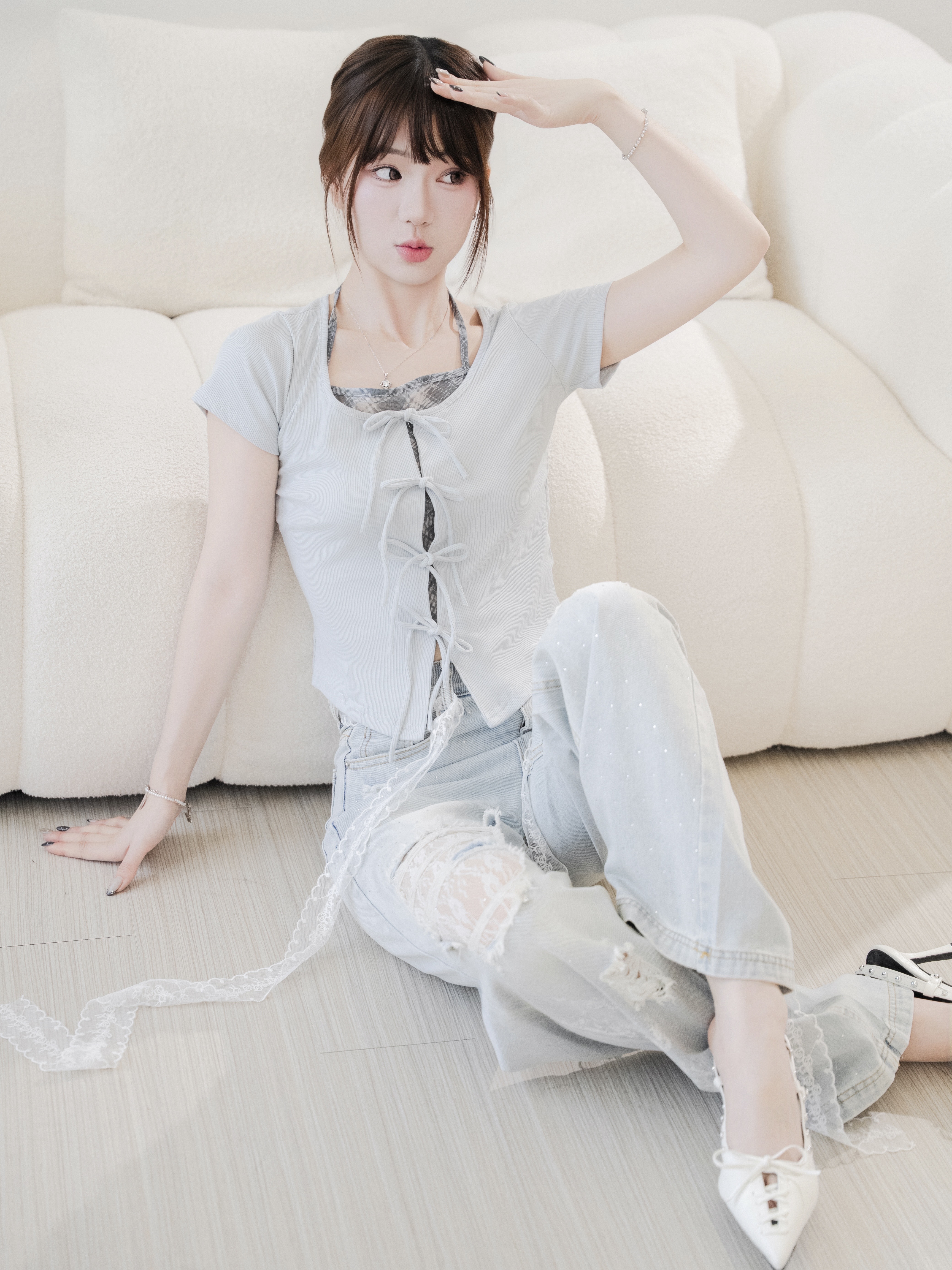 #T0606顯瘦假兩件格子拼接掛脖上衣（2colors)