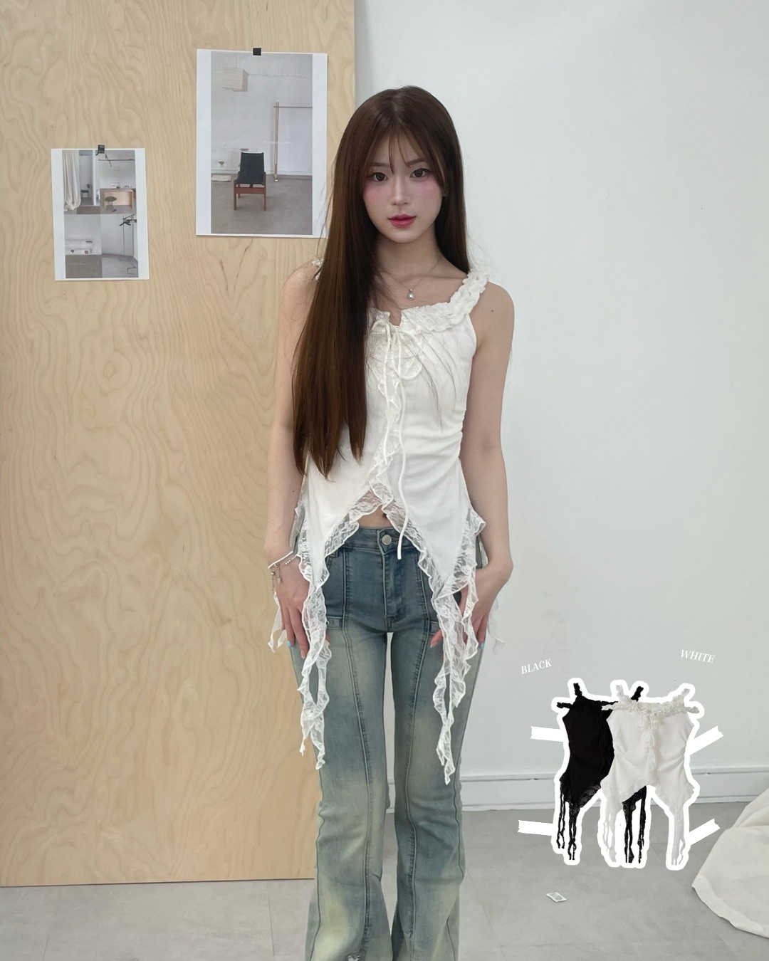 #T0907蕾絲木耳邊設計感飄帶吊帶