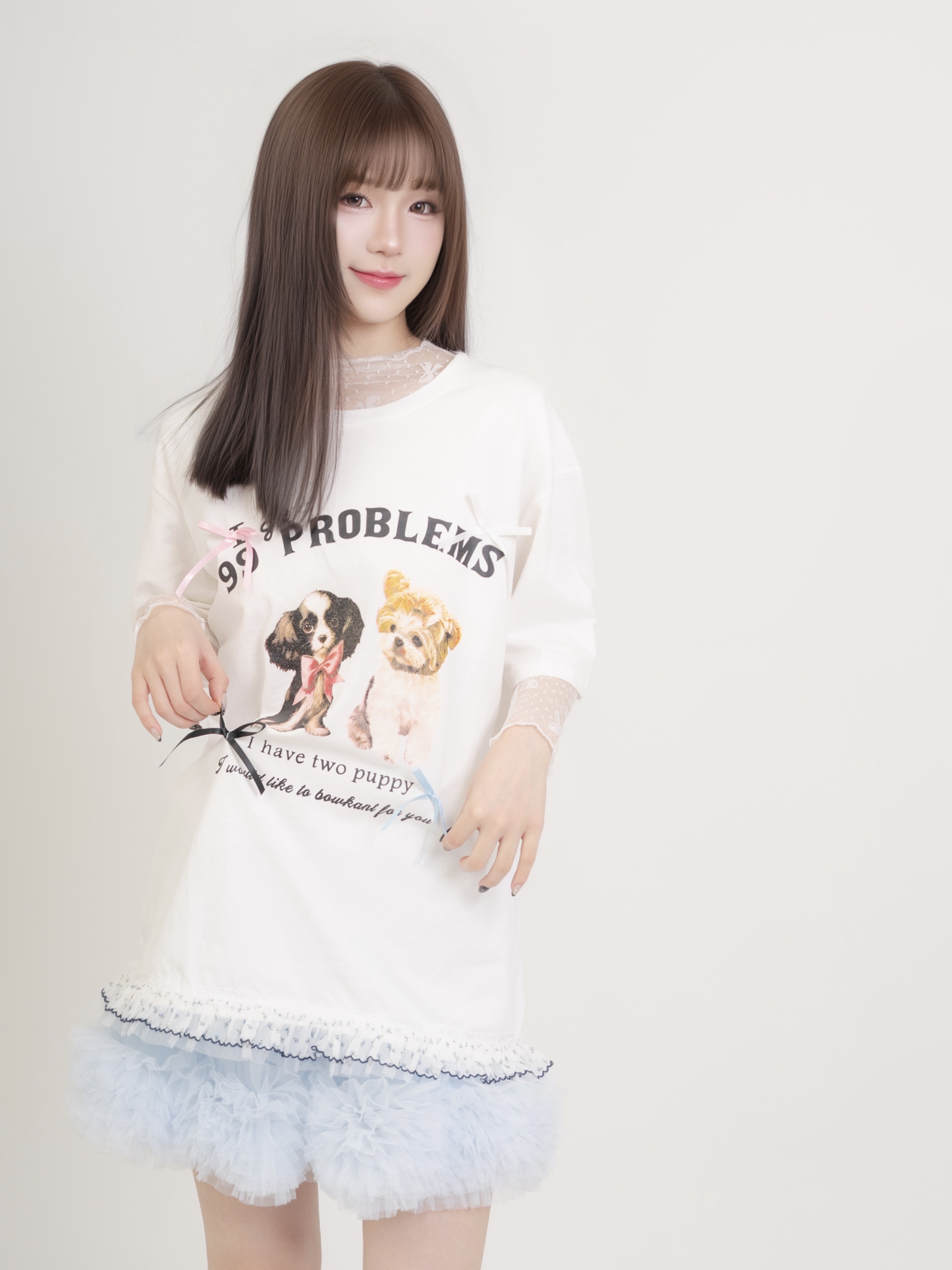 #T0609可愛狗狗印花拼接蝴蝶結荷葉邊（2colors)