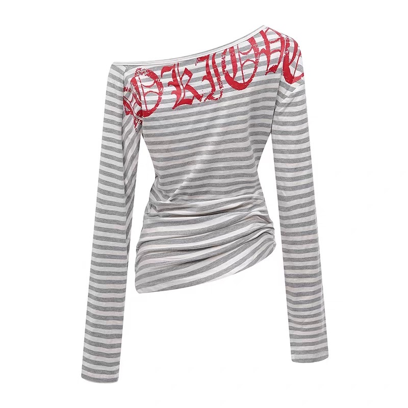 #T1005美式條紋印花一字領上衣