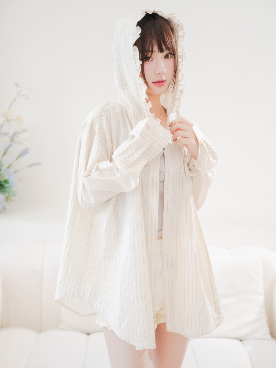 #J0601荷葉邊連帽條紋襯衫防曬外套