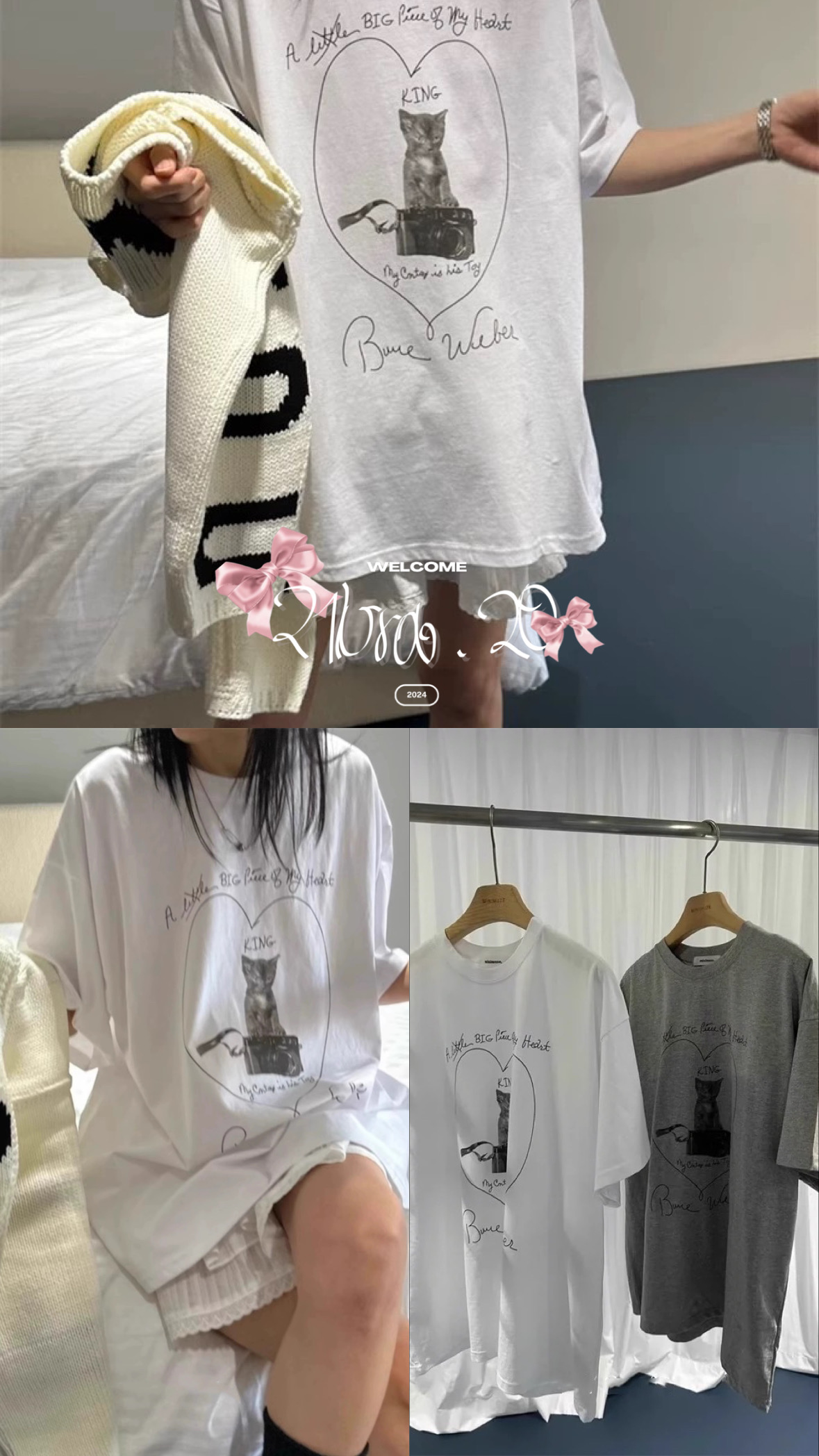 #T0414蝴蝶結印花貓咪T