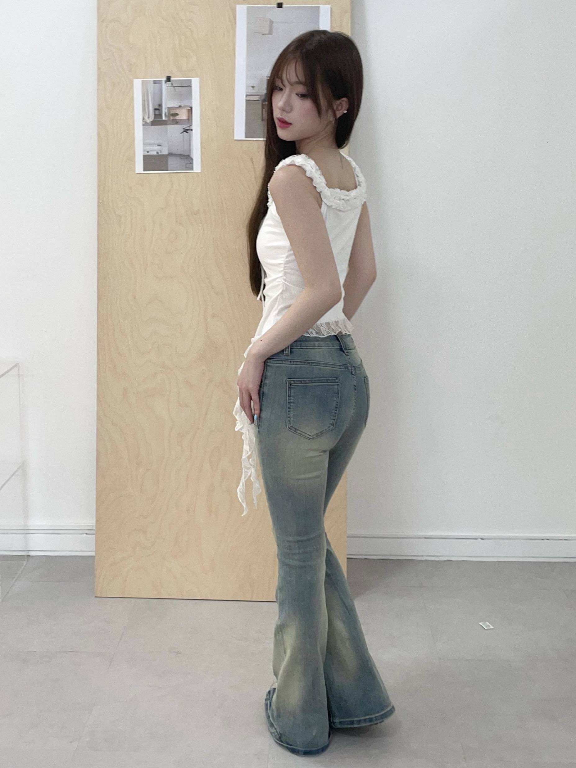 #B0904設計感蕾絲綁帶牛仔喇叭褲