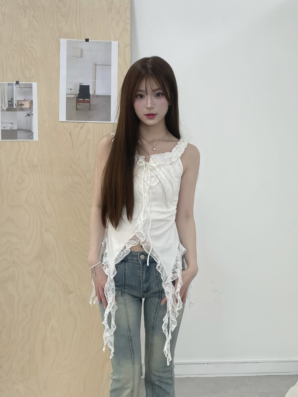 #T0907蕾絲木耳邊設計感飄帶吊帶