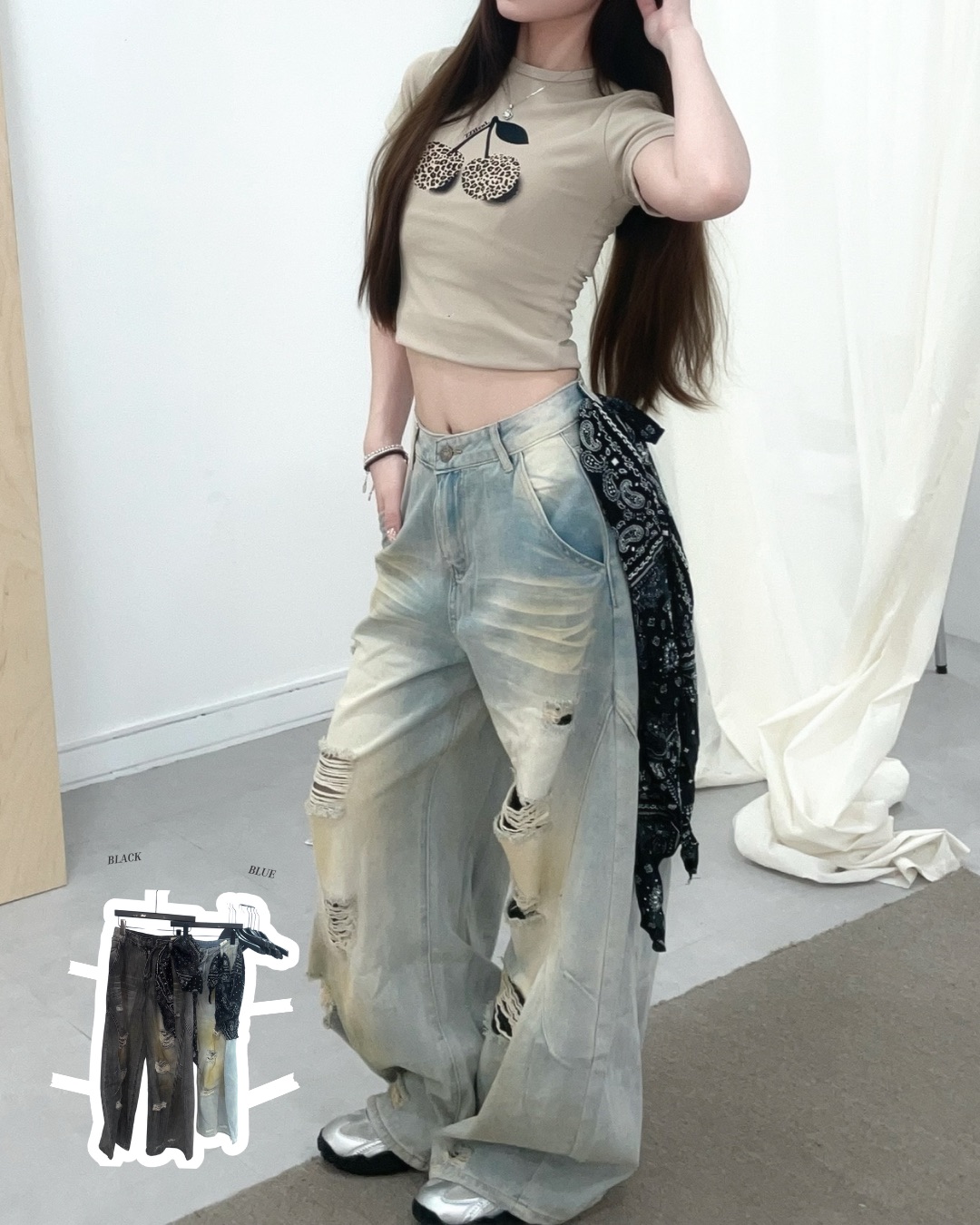 #B0902美式復古刷色彎刀褲（附變形蟲頭巾）