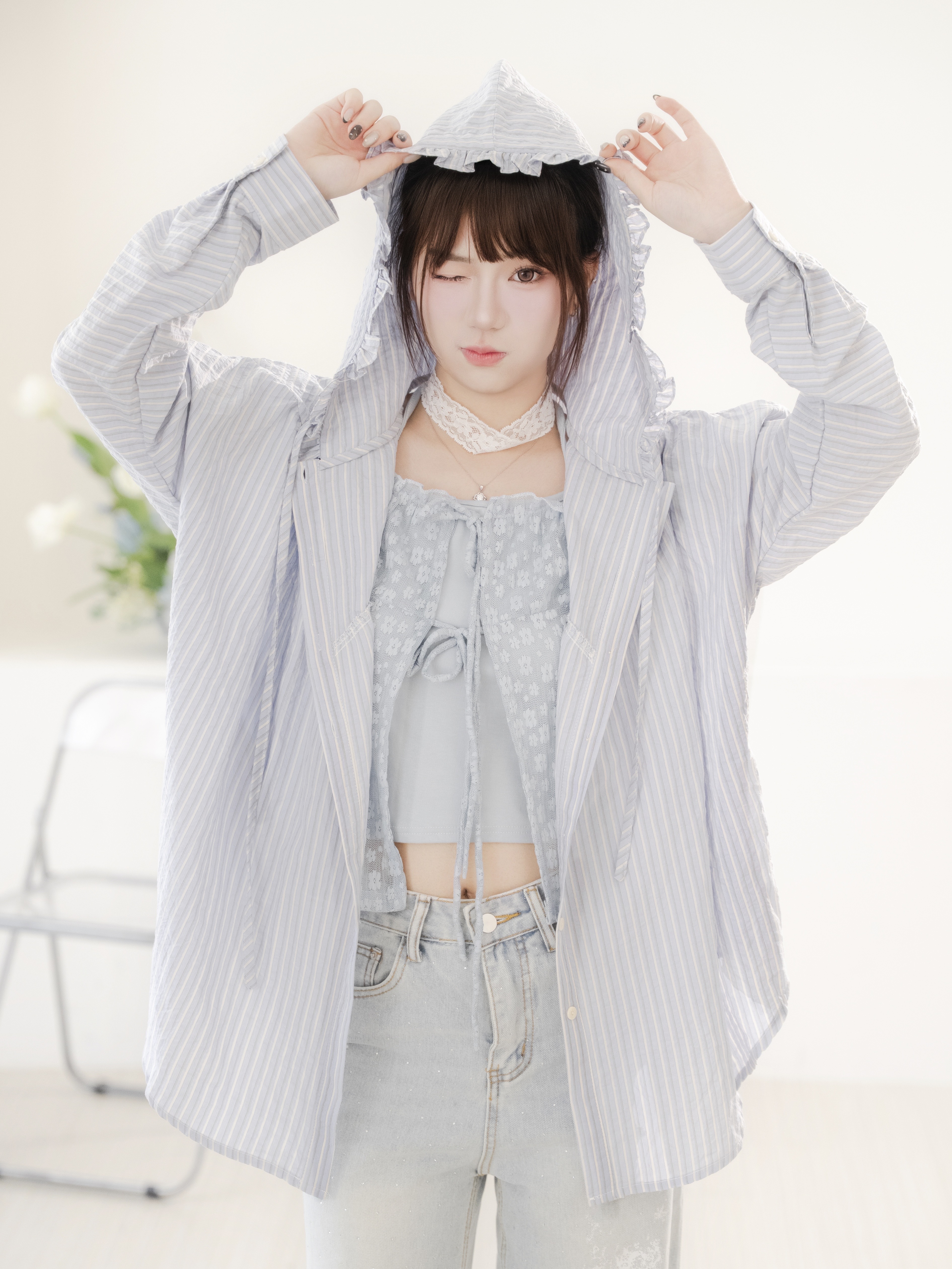 #J0601荷葉邊連帽條紋襯衫防曬外套