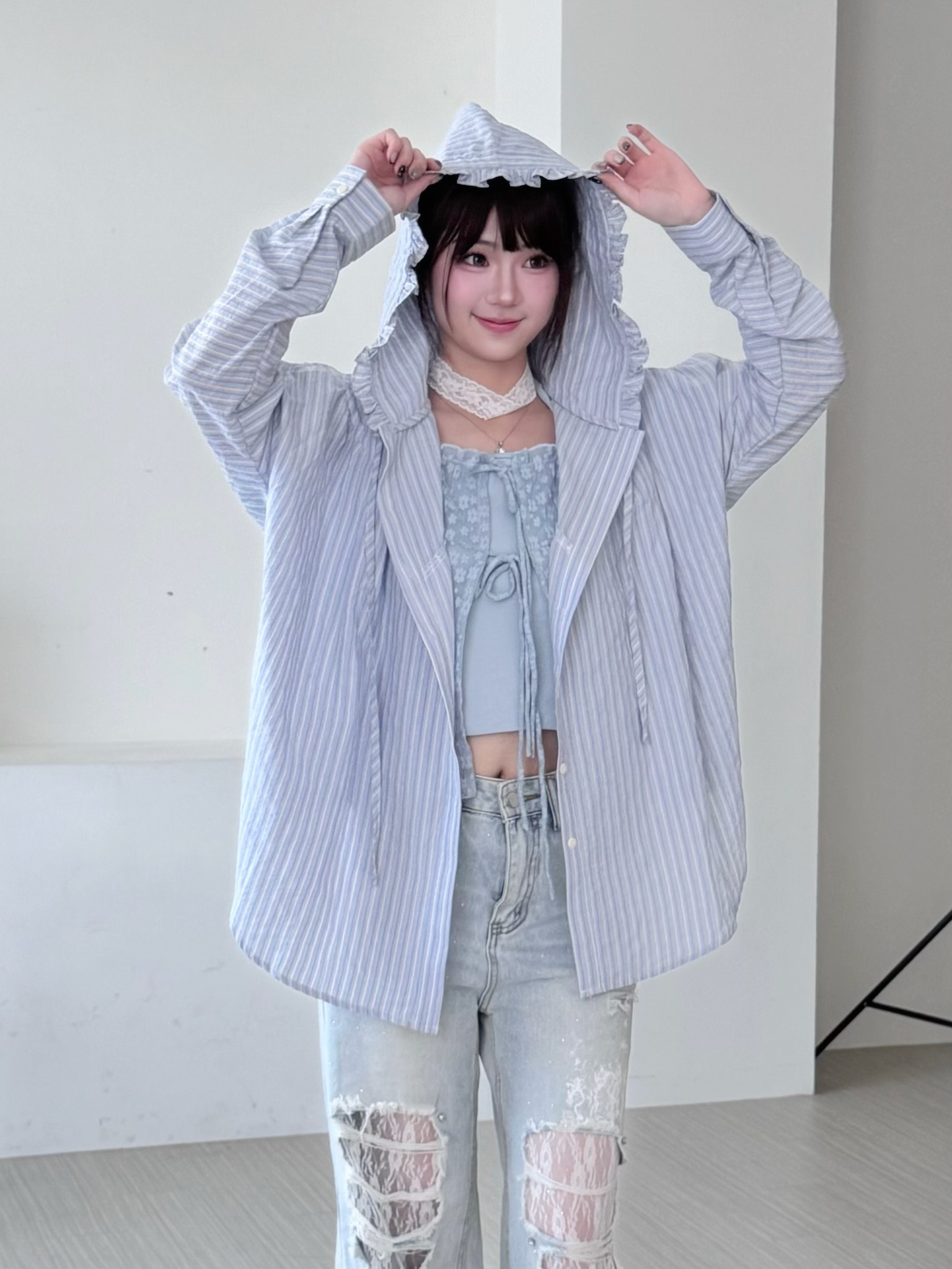 #J0601荷葉邊連帽條紋襯衫防曬外套