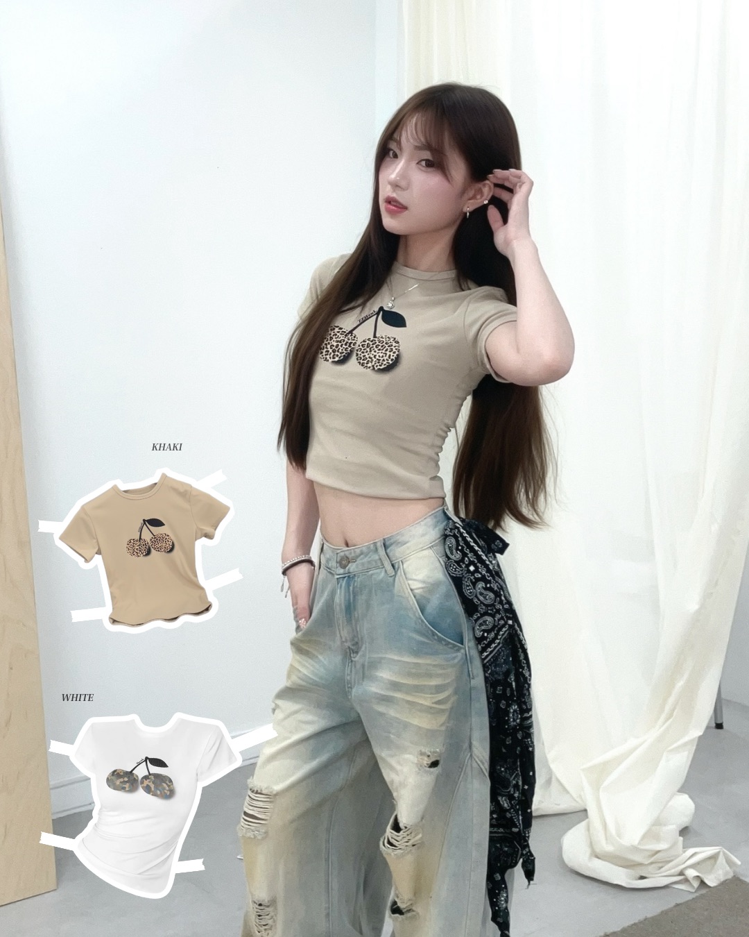 #T0910豹紋櫻桃正肩修身上衣