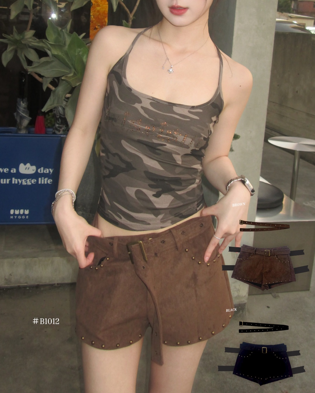 #B1011卯釘麂皮短褲含皮帶（2colors)