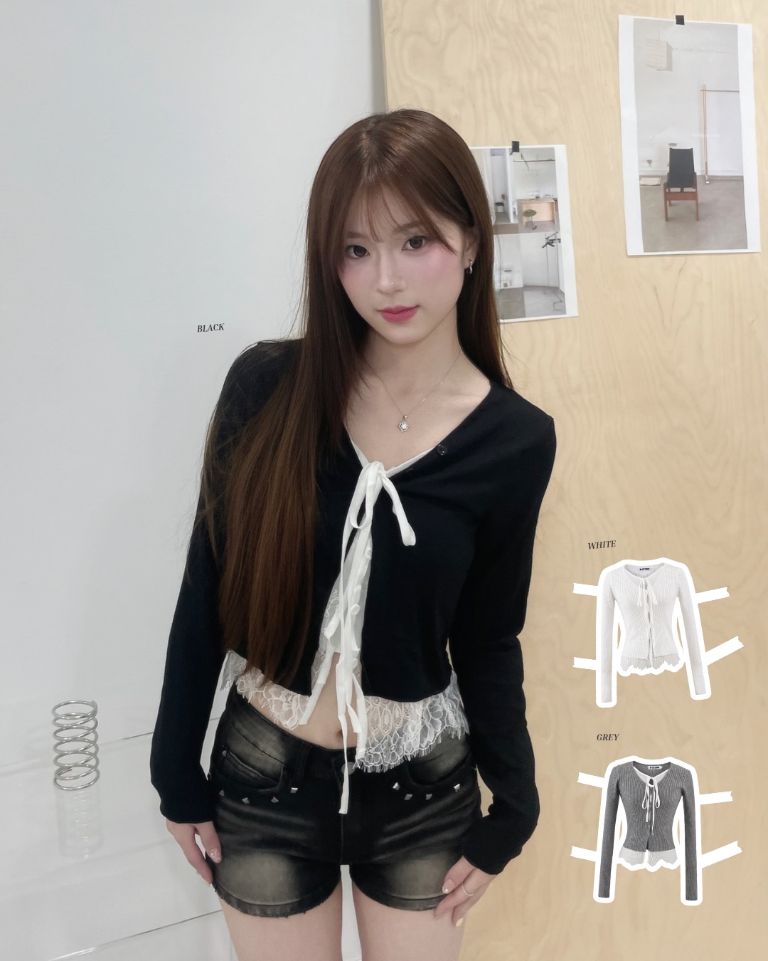 #T0901假兩件純欲風拼接蕾絲鈕扣上衣