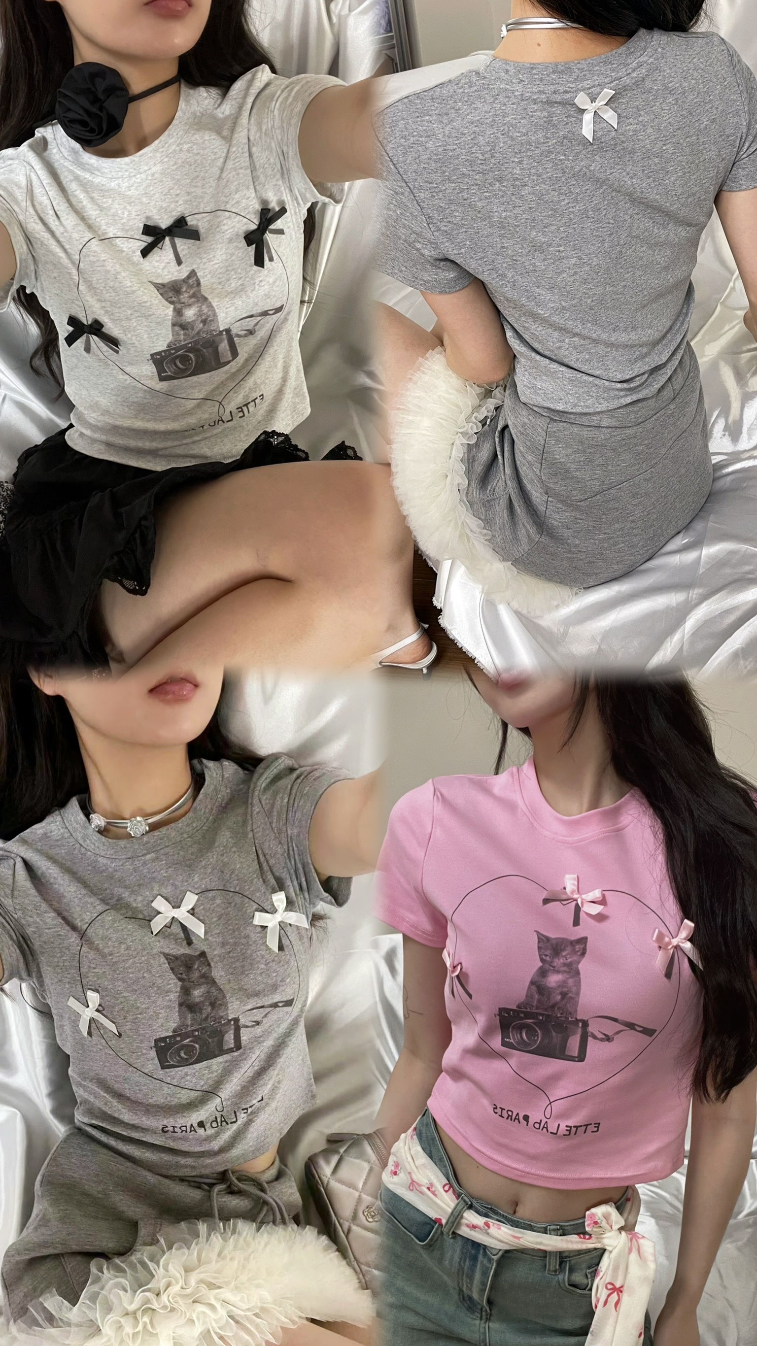 #T0415貓咪印花緞帶短板T