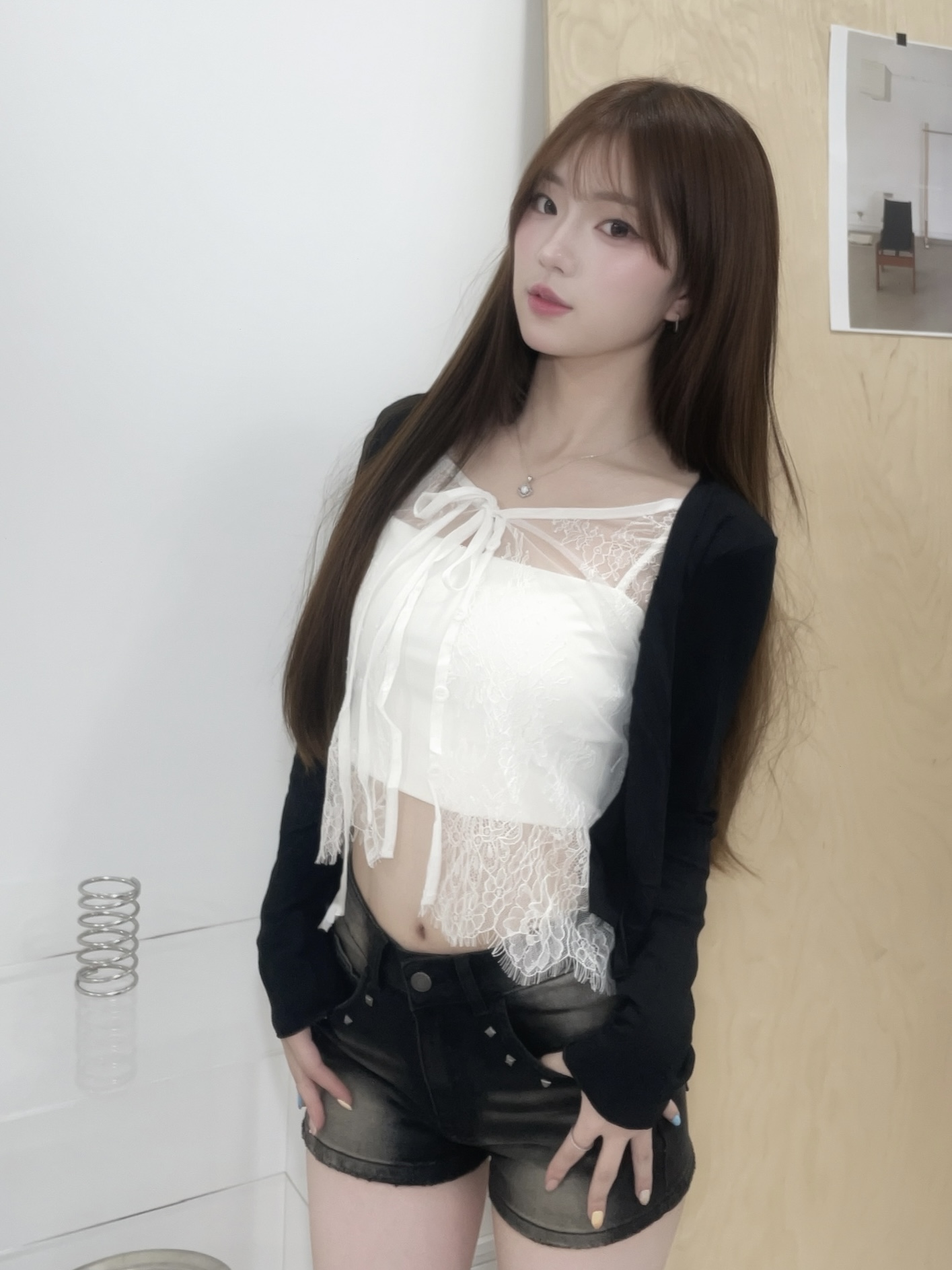 #T0901假兩件純欲風拼接蕾絲鈕扣上衣