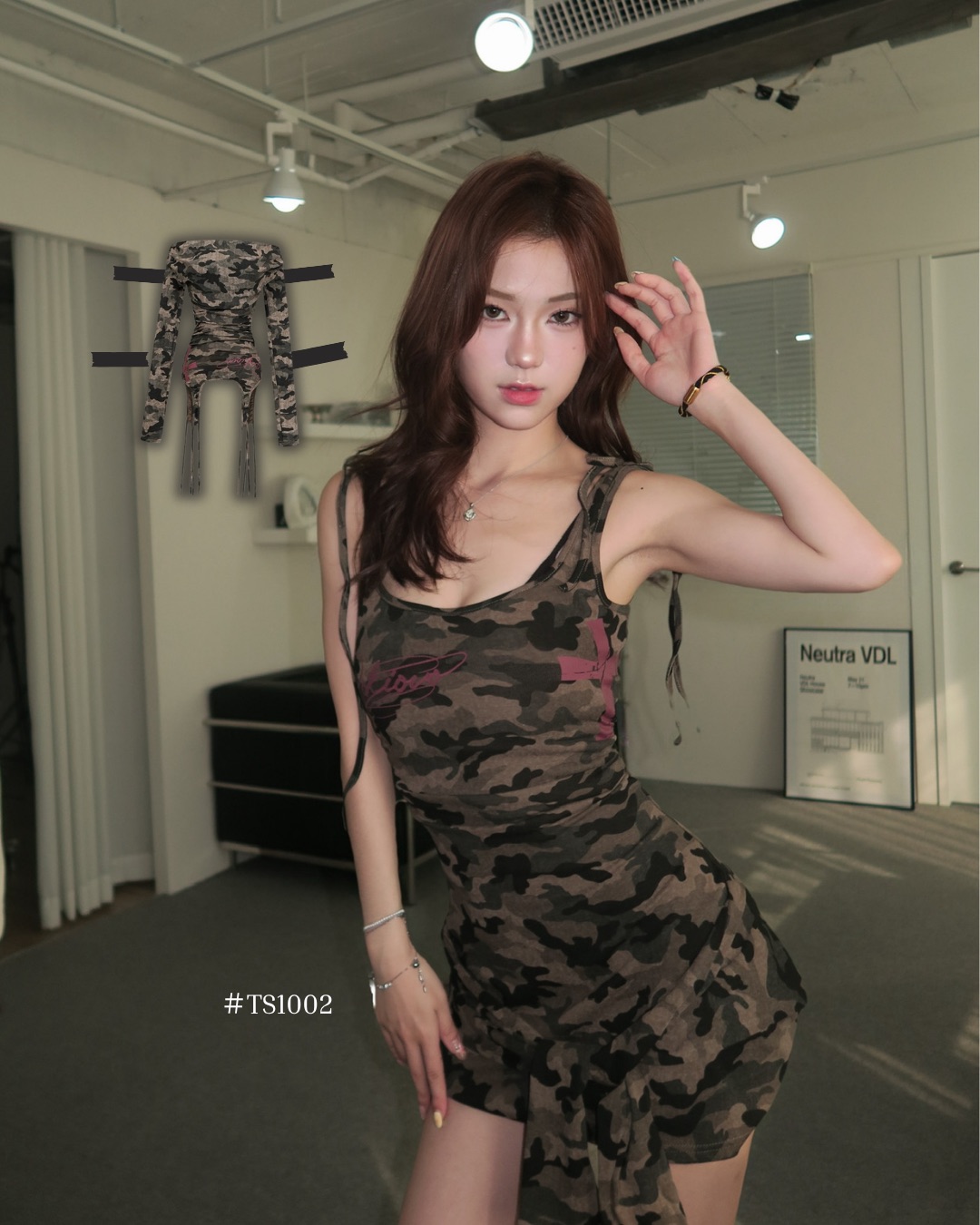 #TS1002 （一件多穿法）美式復古風綁帶連身裙+一字肩飄帶上衣