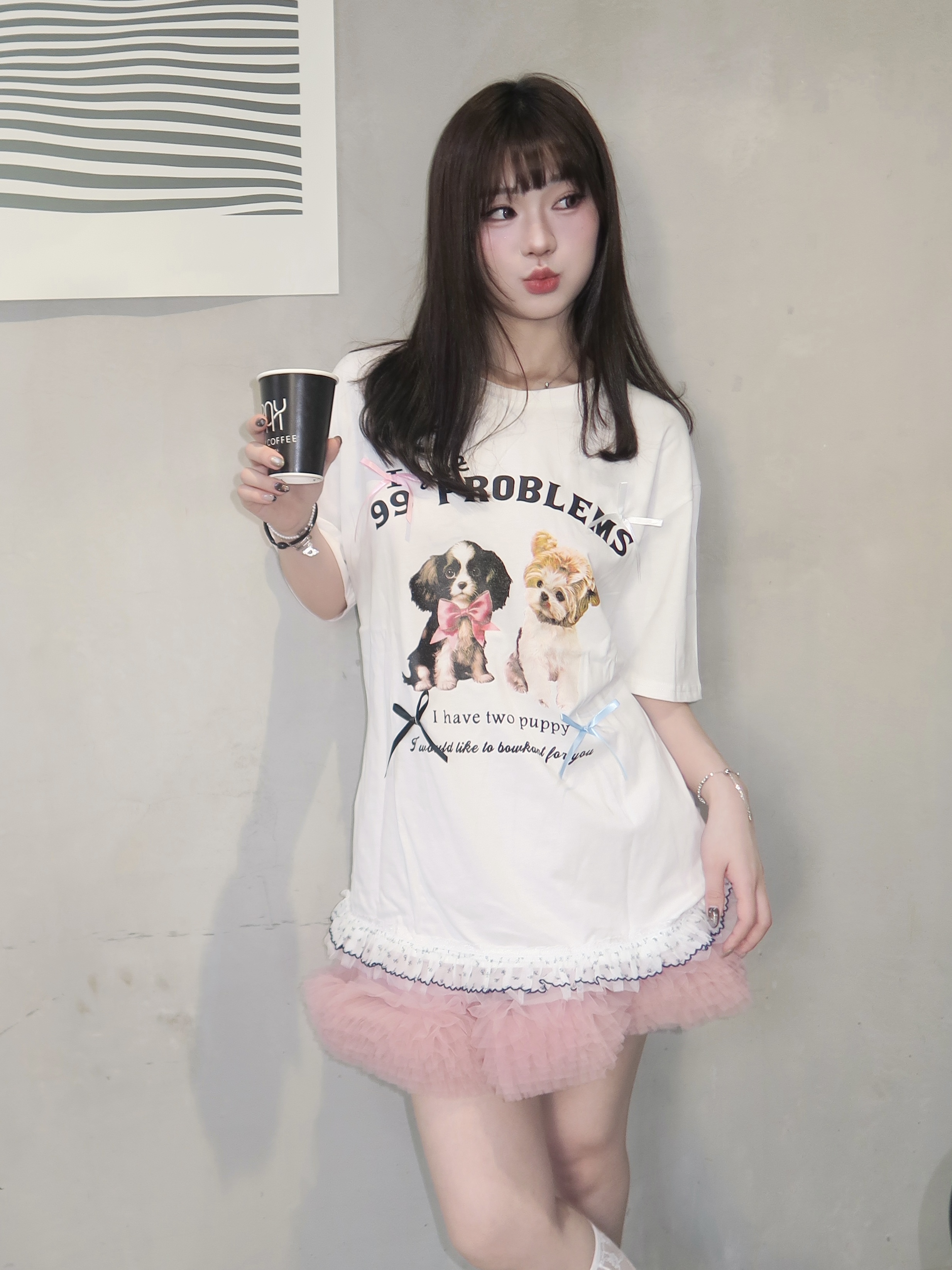 #T0609可愛狗狗印花拼接蝴蝶結荷葉邊（2colors)