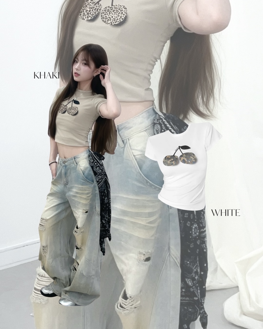 #T0910豹紋櫻桃正肩修身上衣