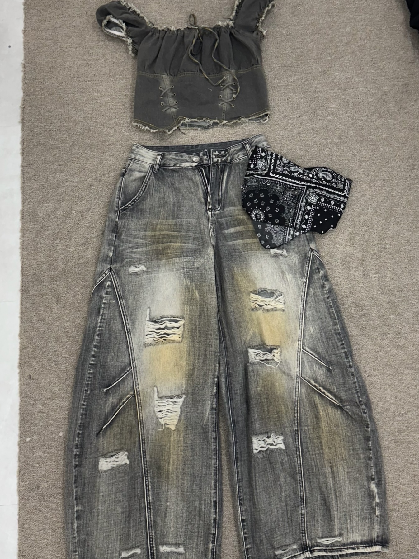 #B0902美式復古刷色彎刀褲（附變形蟲頭巾）