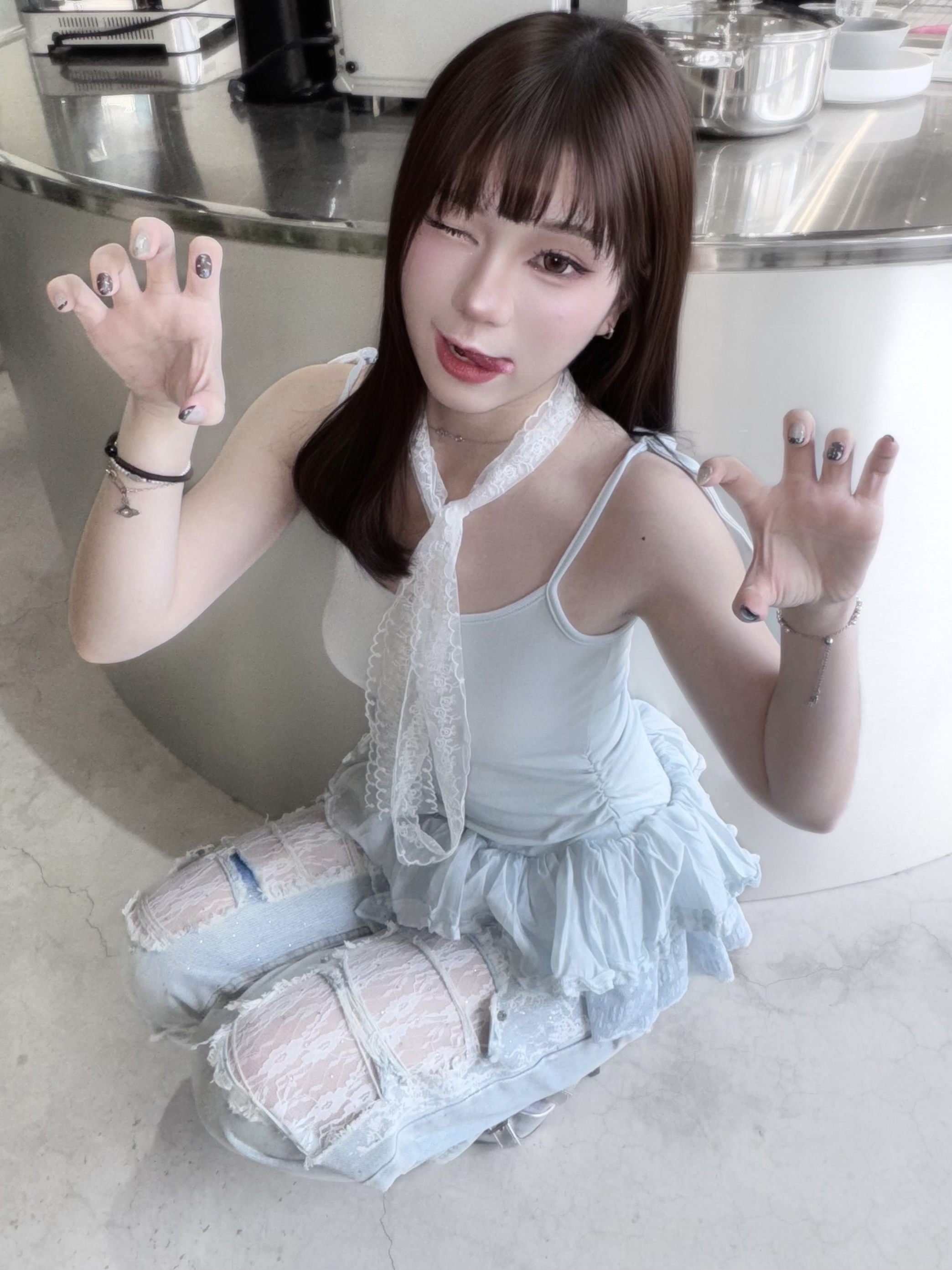 #T0616綁帶蕾絲拼接疊穿上衣