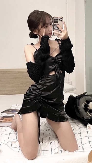 #TS2426吊帶綁帶抽繩露背連衣裙