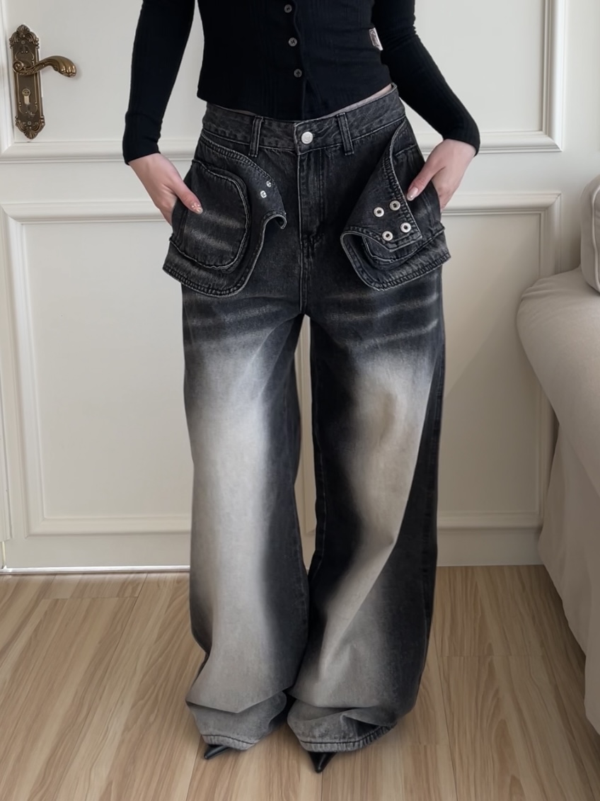 #B1006 牛仔設計感復古刷色褲