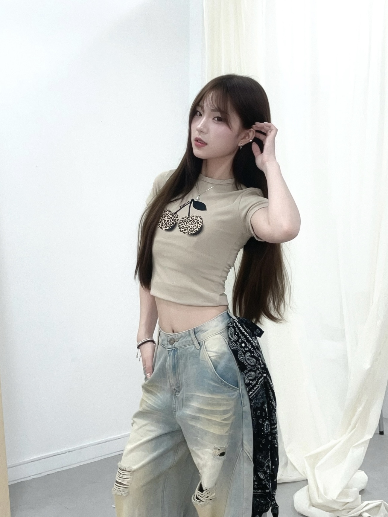 #T0910豹紋櫻桃正肩修身上衣