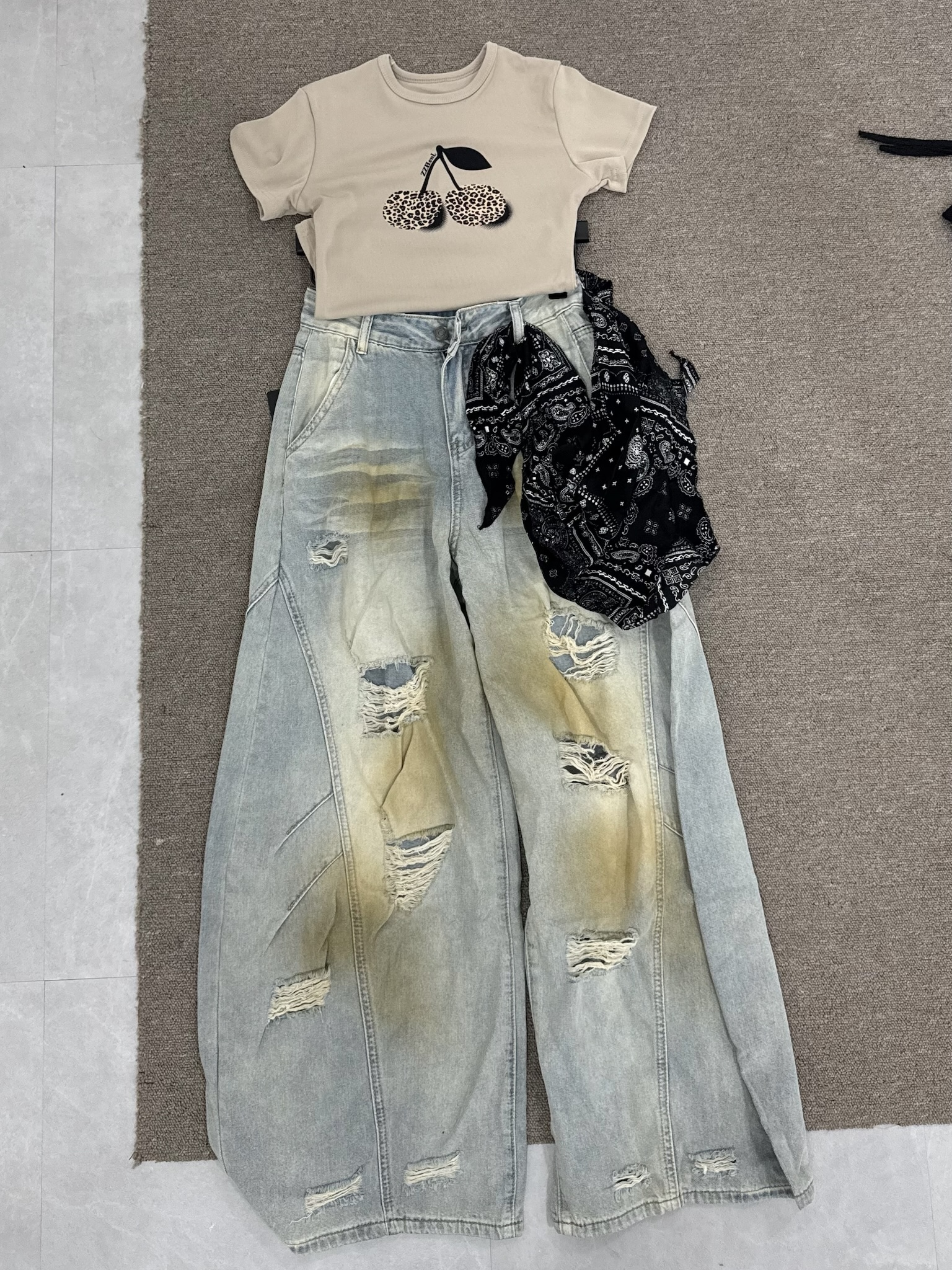 #B0902美式復古刷色彎刀褲（附變形蟲頭巾）