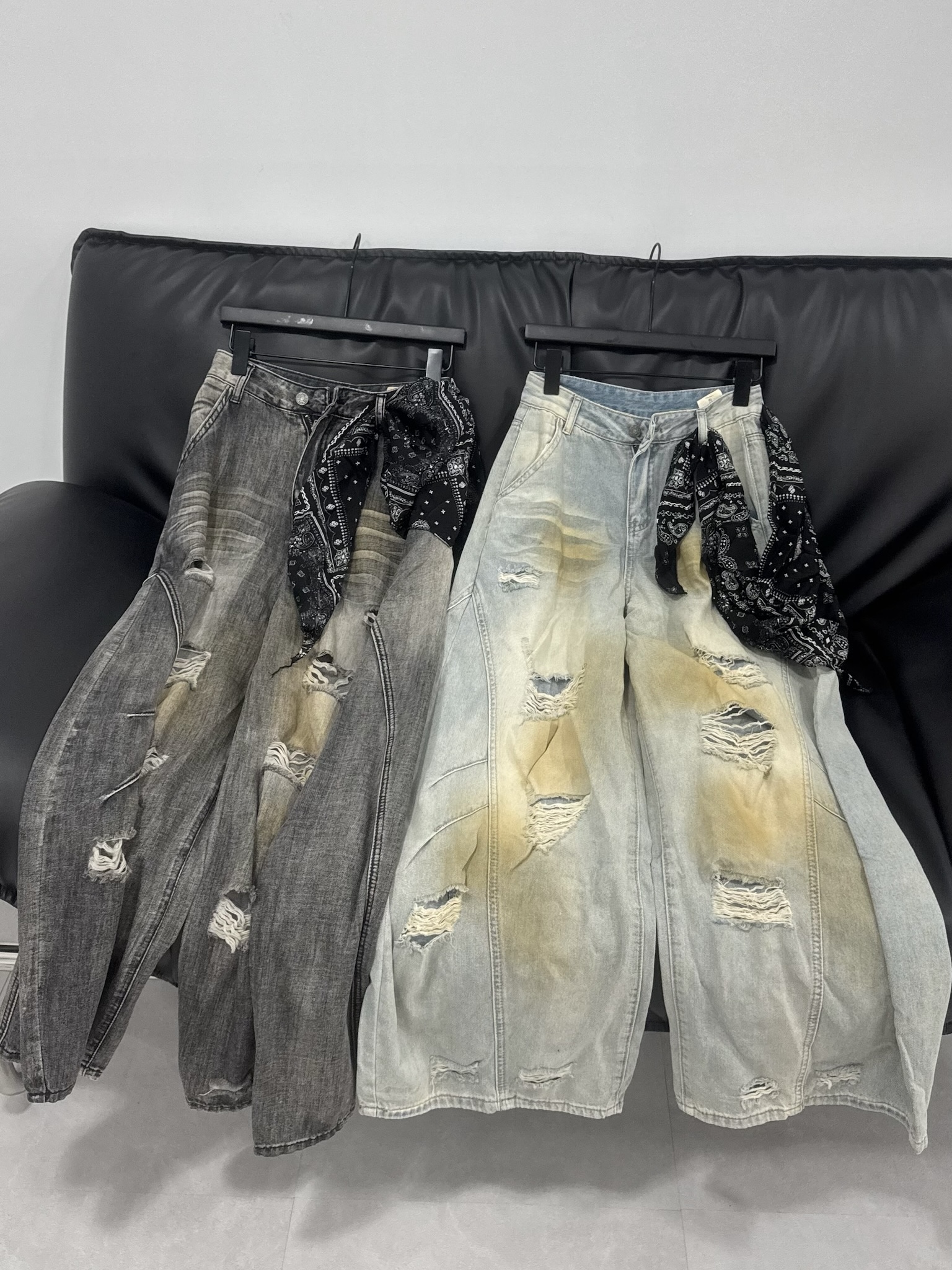 #B0902美式復古刷色彎刀褲（附變形蟲頭巾）