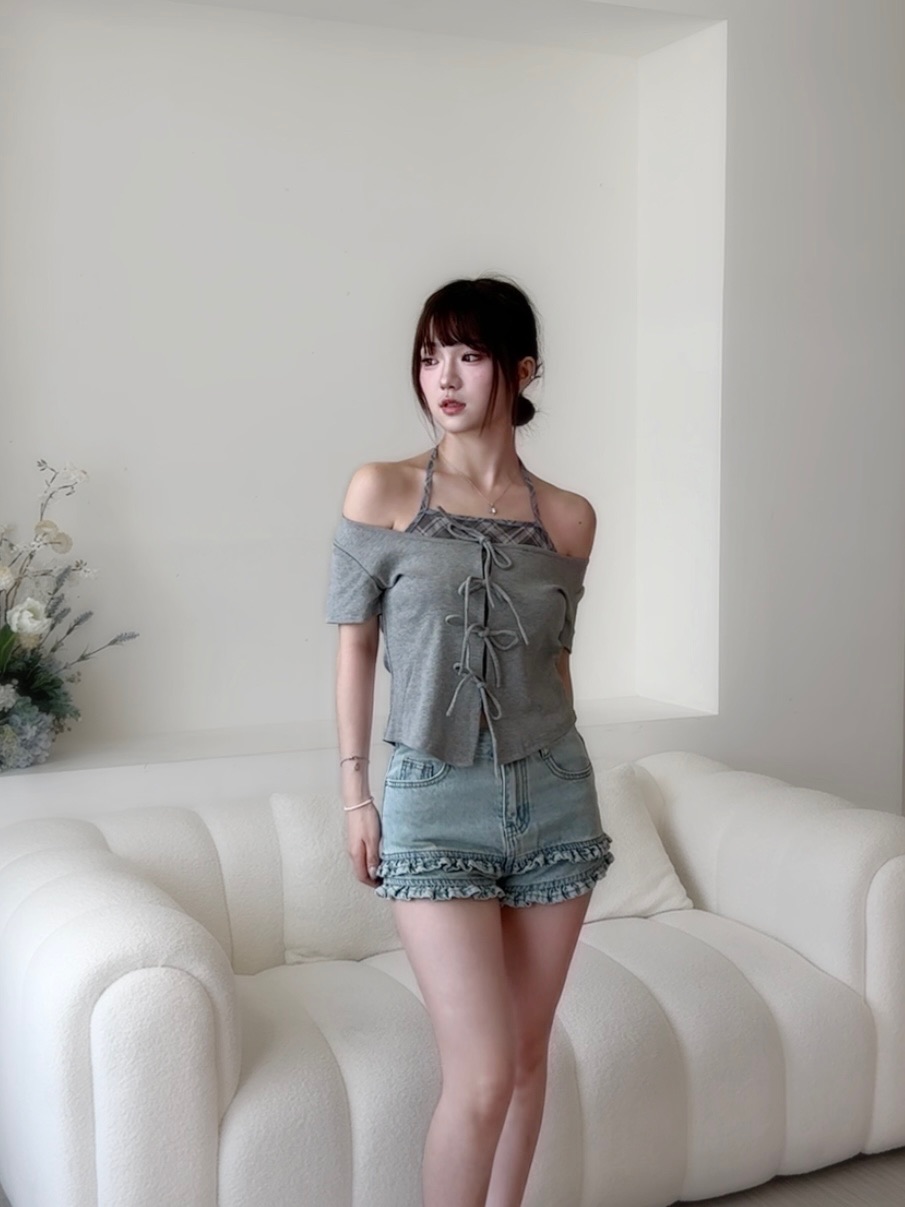 #T0606顯瘦假兩件格子拼接掛脖上衣（2colors)