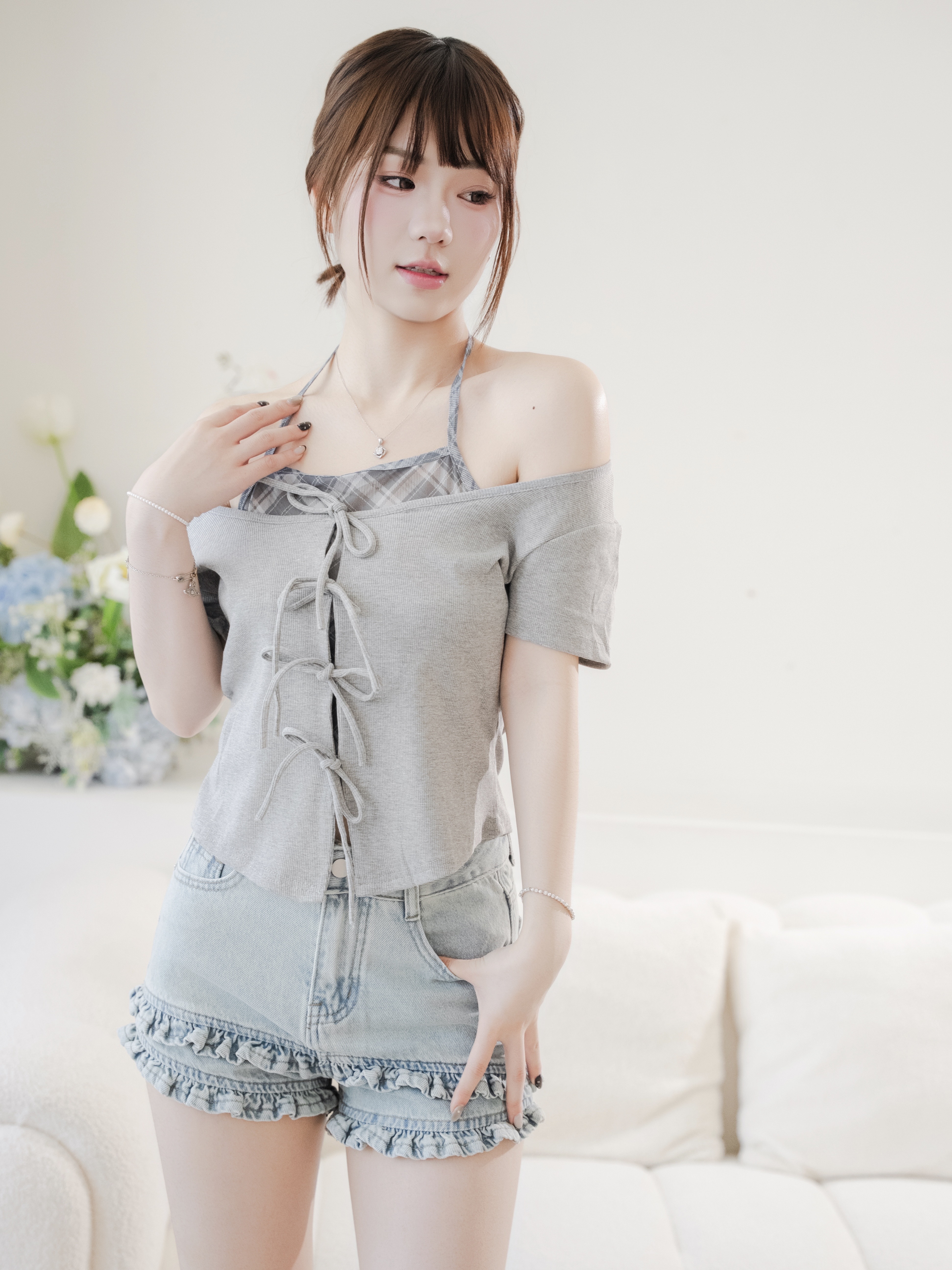 #T0606顯瘦假兩件格子拼接掛脖上衣（2colors)