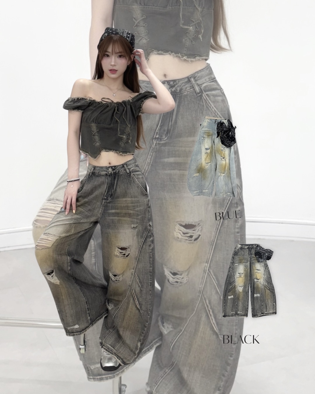 #B0902美式復古刷色彎刀褲（附變形蟲頭巾）