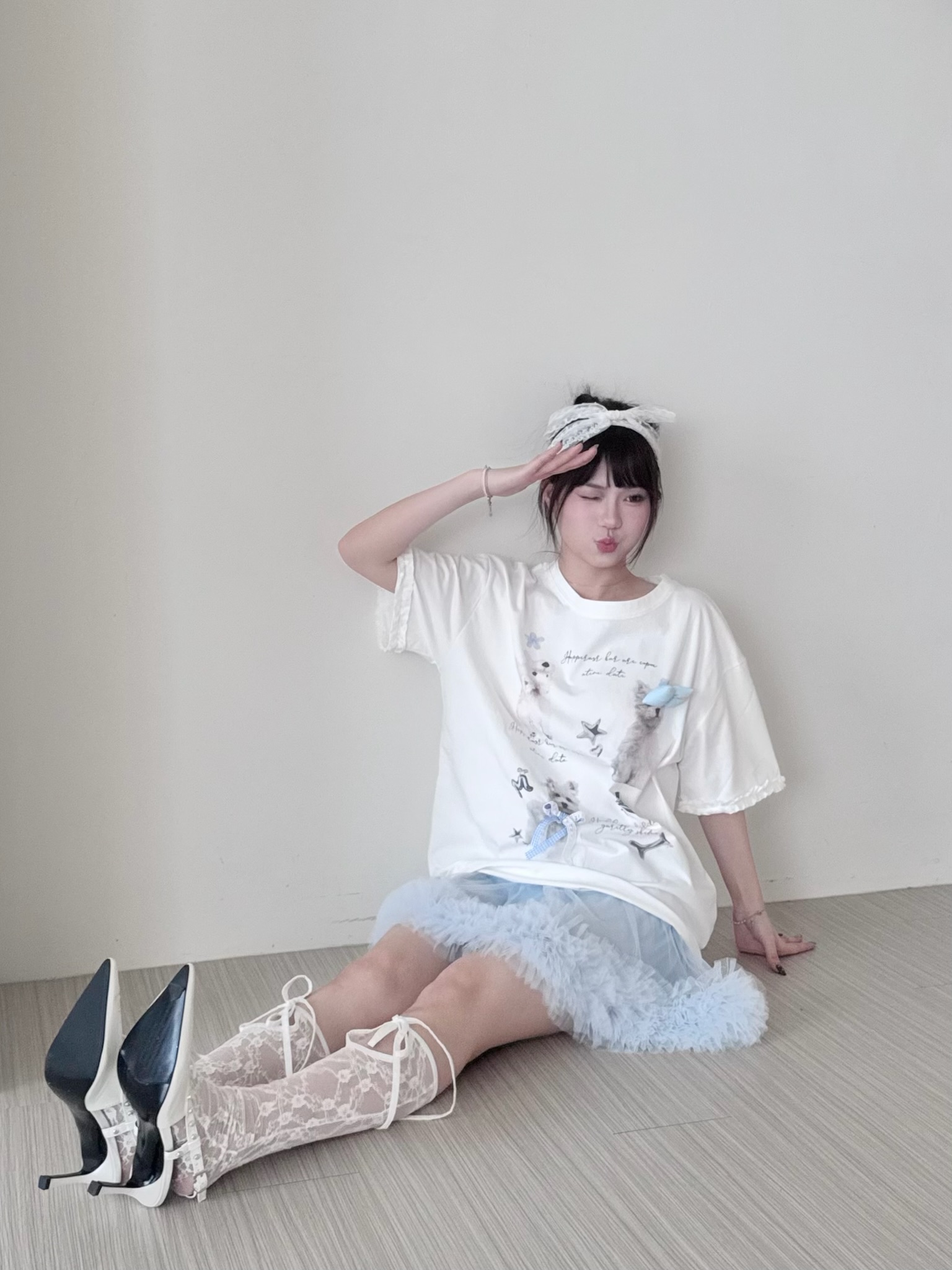 #T0601可愛狗狗拼接荷葉邊T恤（3colors)-立體蝴蝶結活動式可調整