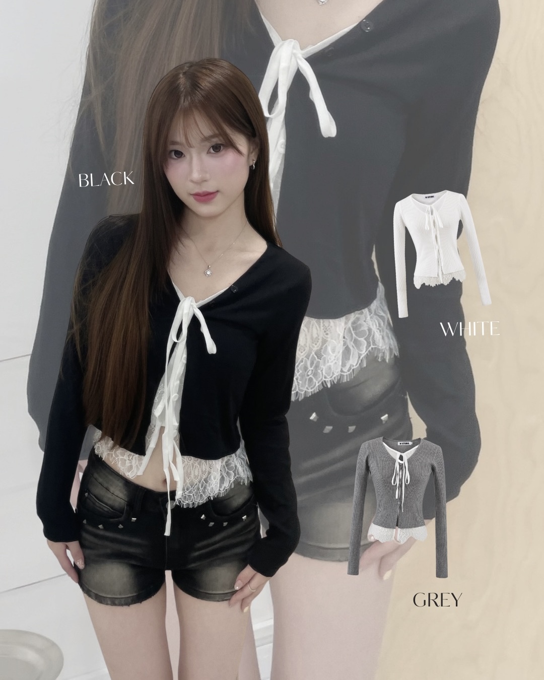 #T0901假兩件純欲風拼接蕾絲鈕扣上衣