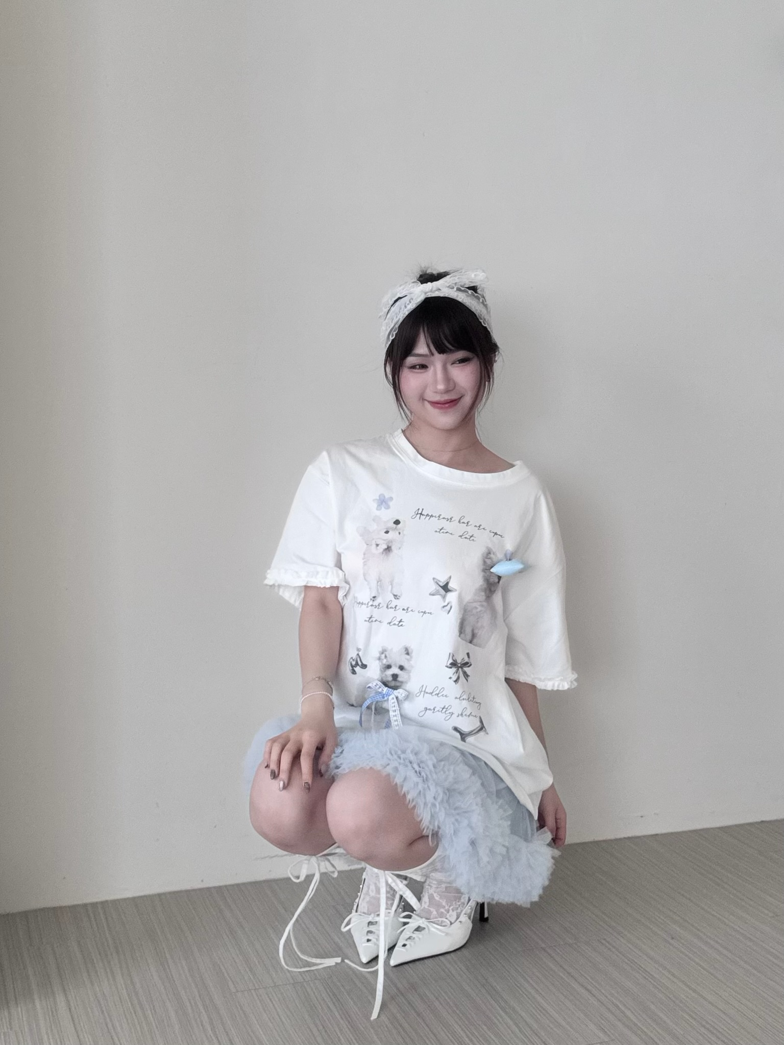 #T0601可愛狗狗拼接荷葉邊T恤（3colors)-立體蝴蝶結活動式可調整
