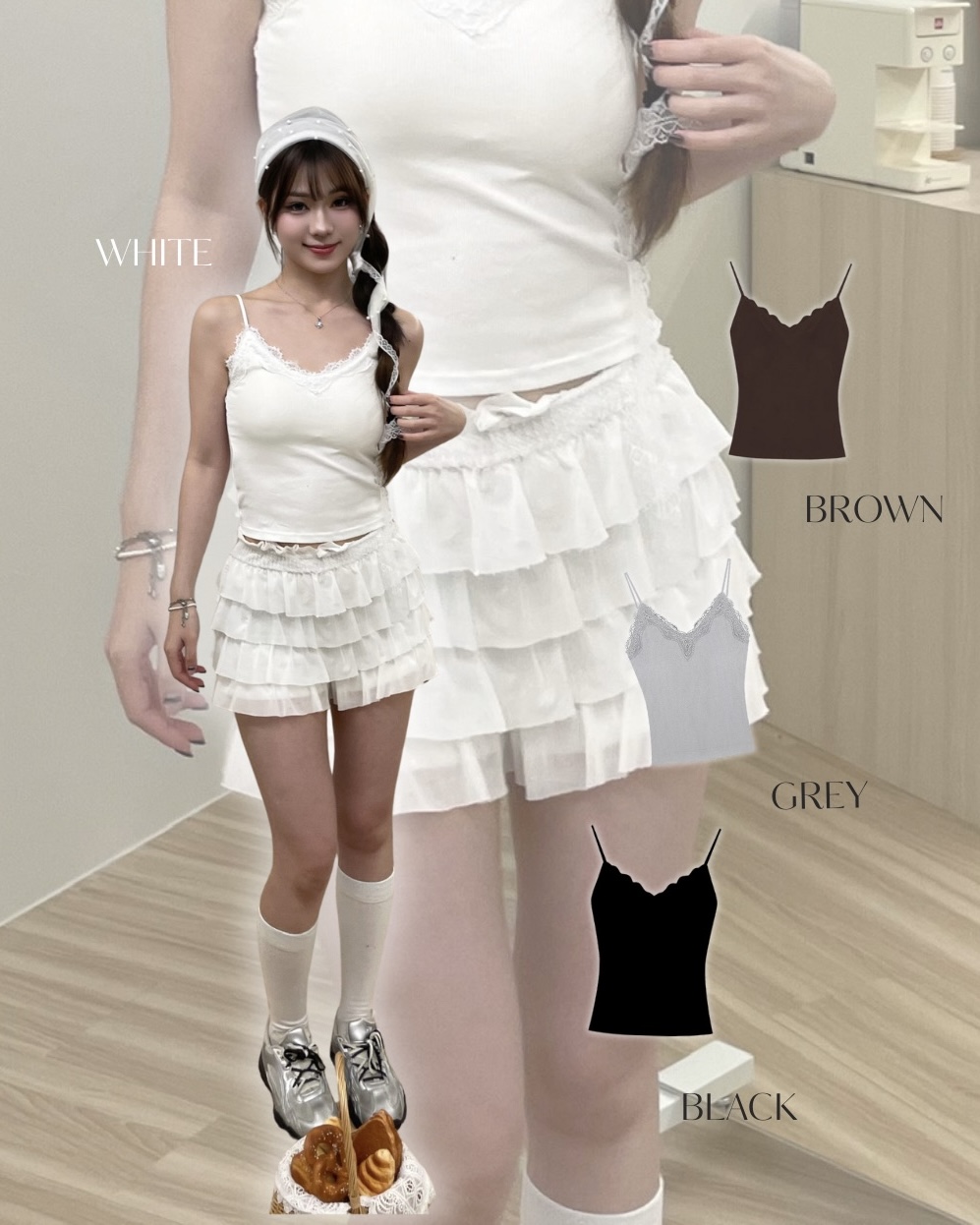 #TS0902木耳邊綁帶上衣+蛋糕裙套裝