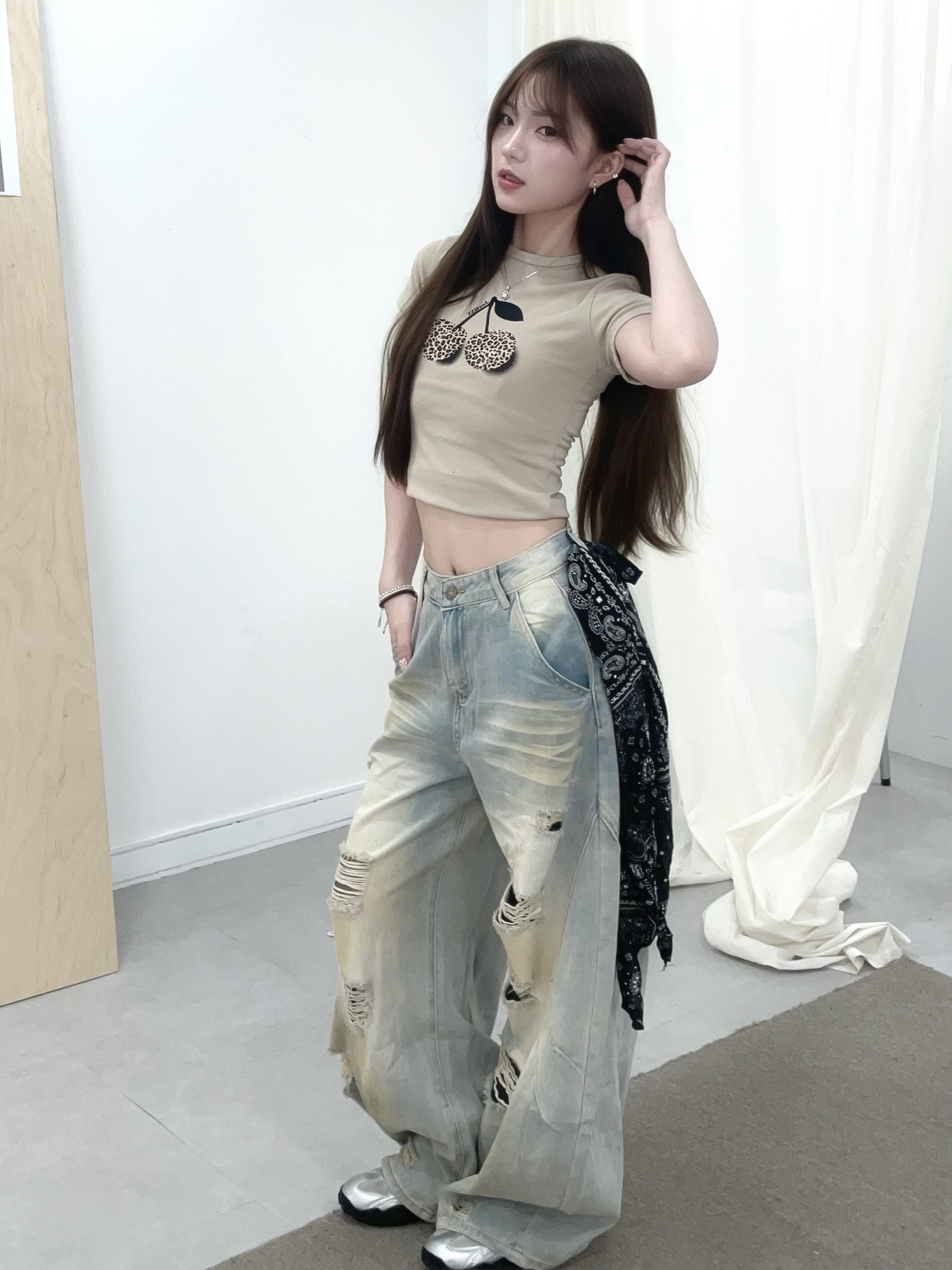 #B0902美式復古刷色彎刀褲（附變形蟲頭巾）